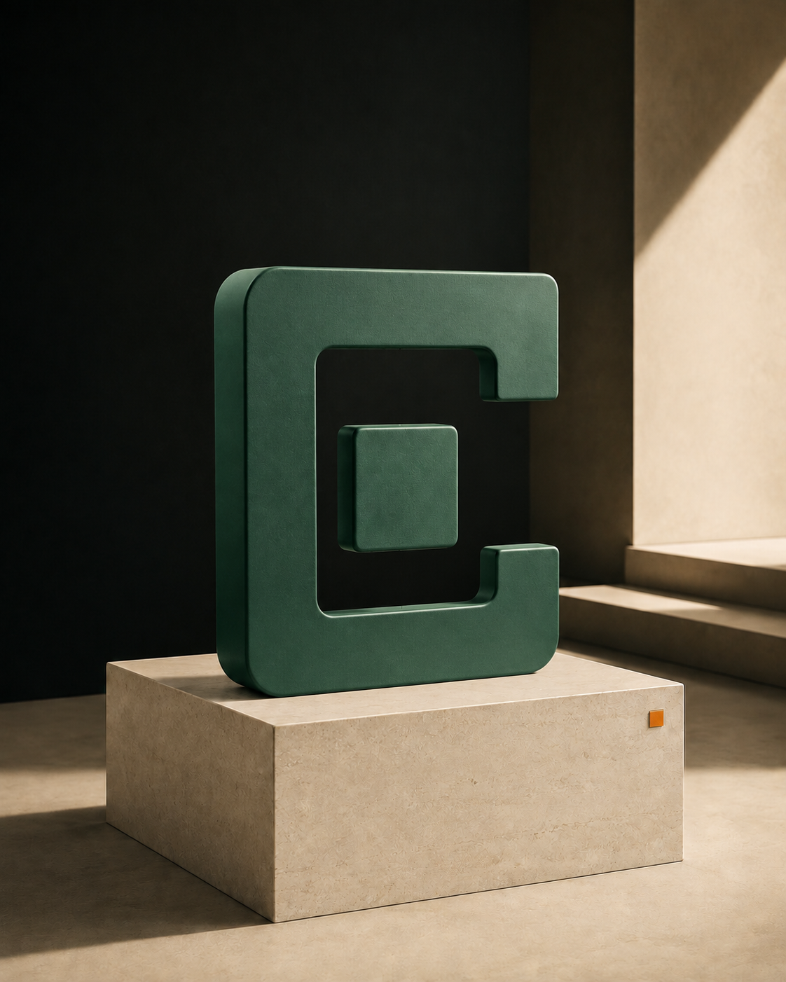 Cypress green sculpture echoing the logo: an open C-shaped frame with a separate floating square at its center.